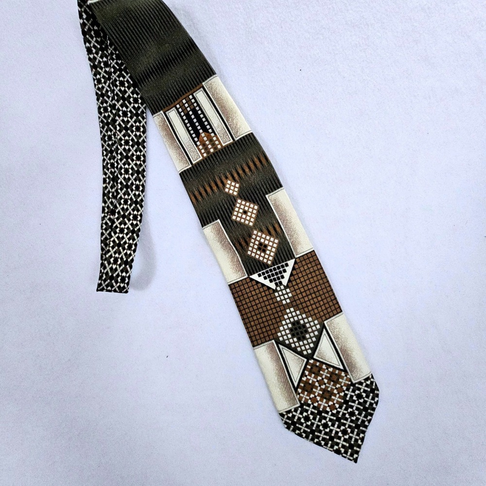 IMM Mens Silk Tie Geometric Abstract Olive Green Brown Handmade Italy 4 Inch